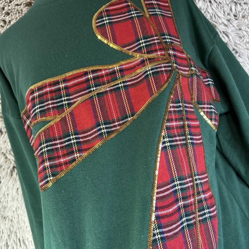 Bibi Green Red Plaid Ribbon Crewneck Pullover Christmas Gold Sequin Holiday Sz S - Picture 5 of 12